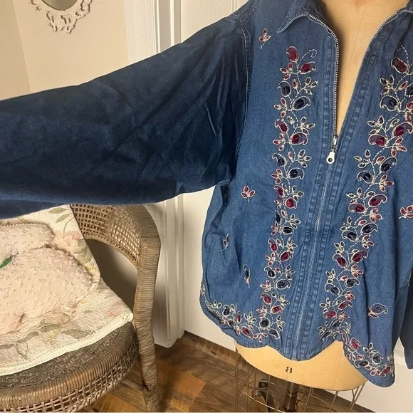Vintage Tantrum Blues Denim Floral Embroidered Full Zip Shirt SZ 3X Cottagecore - Picture 3 of 7